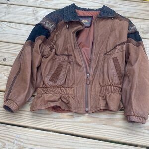 VTG Adventure Bound Leather Jacket Womens XS Southwestern Tasseled Zip Brown